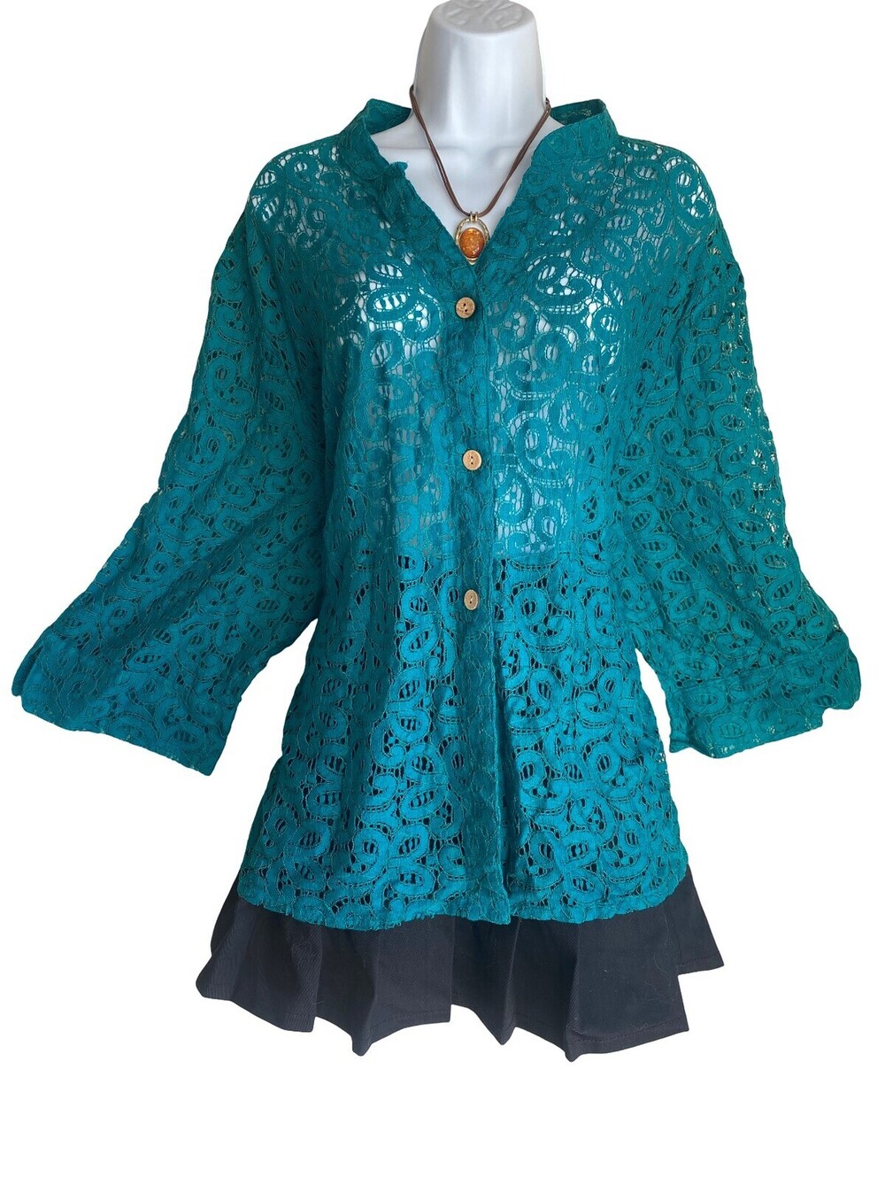 Vintage Ruby Rd Plus 2X Teal Lace Button Up Tunic Blouse Cottagecore Fairycore